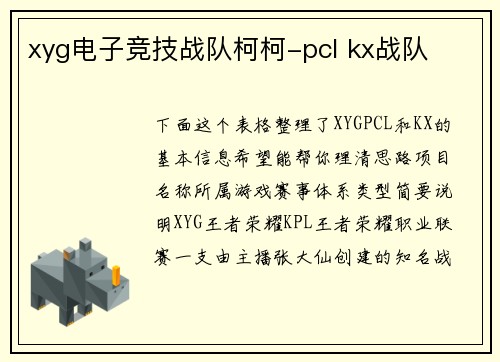 xyg电子竞技战队柯柯-pcl kx战队